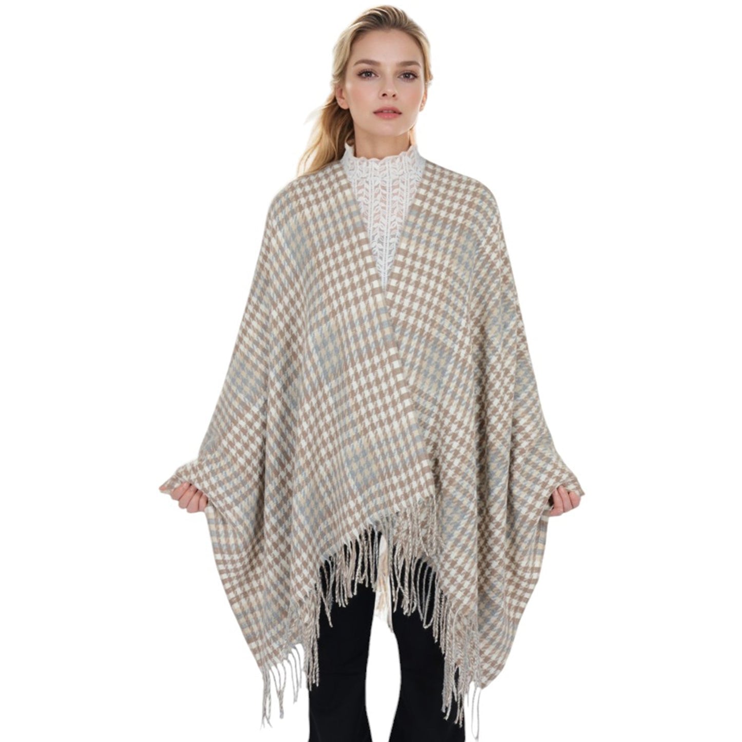 Houndstooth Plaid Winter Scarf Soft Fringe Oversized Wrap Shawls