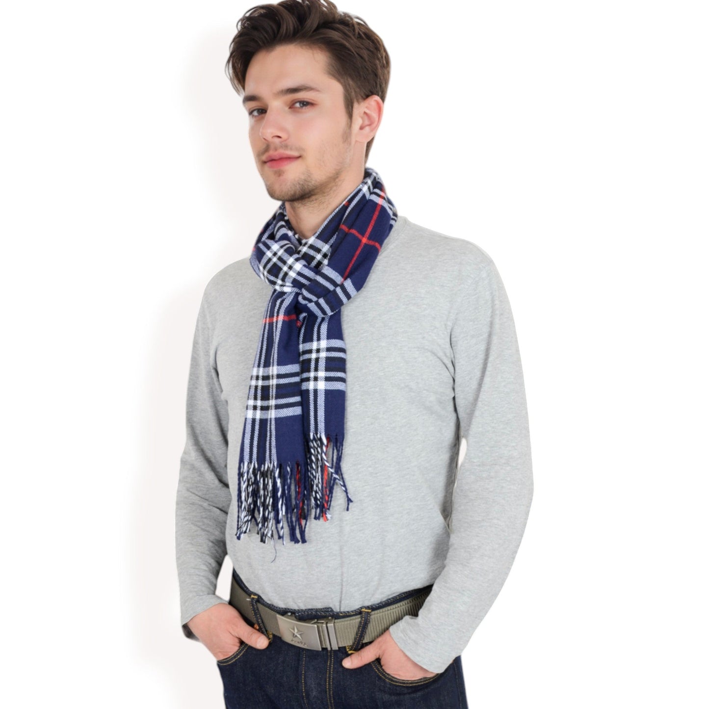 Men's Classic Plaid Patterned Scarf with Fringed Edges Soft Lightweight Winter Accessory for Timeless Style