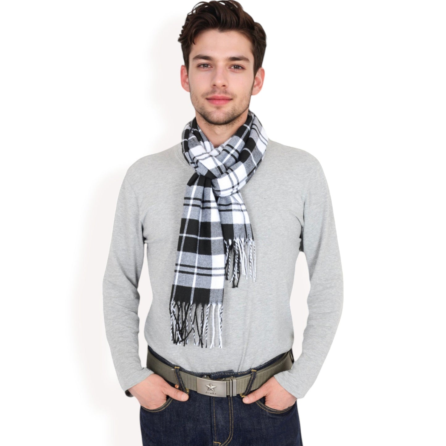 Men's Classic Plaid Patterned Scarf with Fringed Edges Soft Lightweight Winter Accessory for Timeless Style