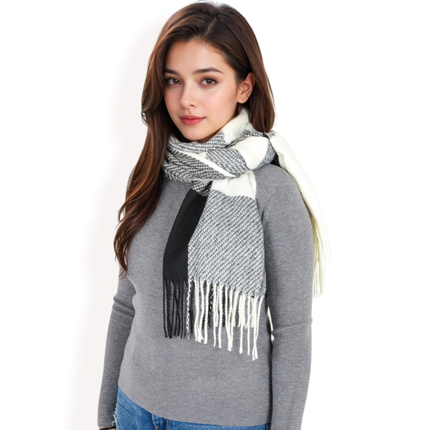 Oversized Plaid Blanket Scarf with Fringe Trim and Soft Textured Fabric