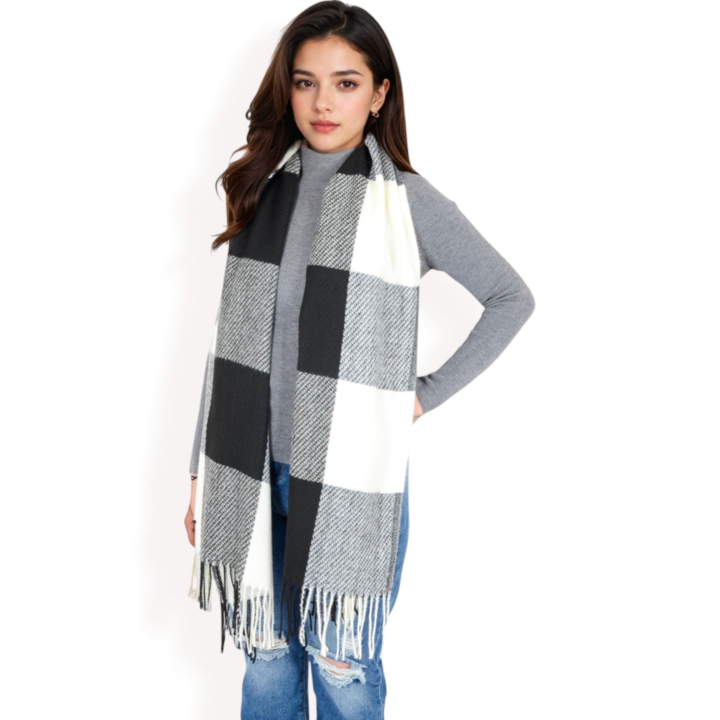 Oversized Plaid Blanket Scarf with Fringe Trim and Soft Textured Fabric