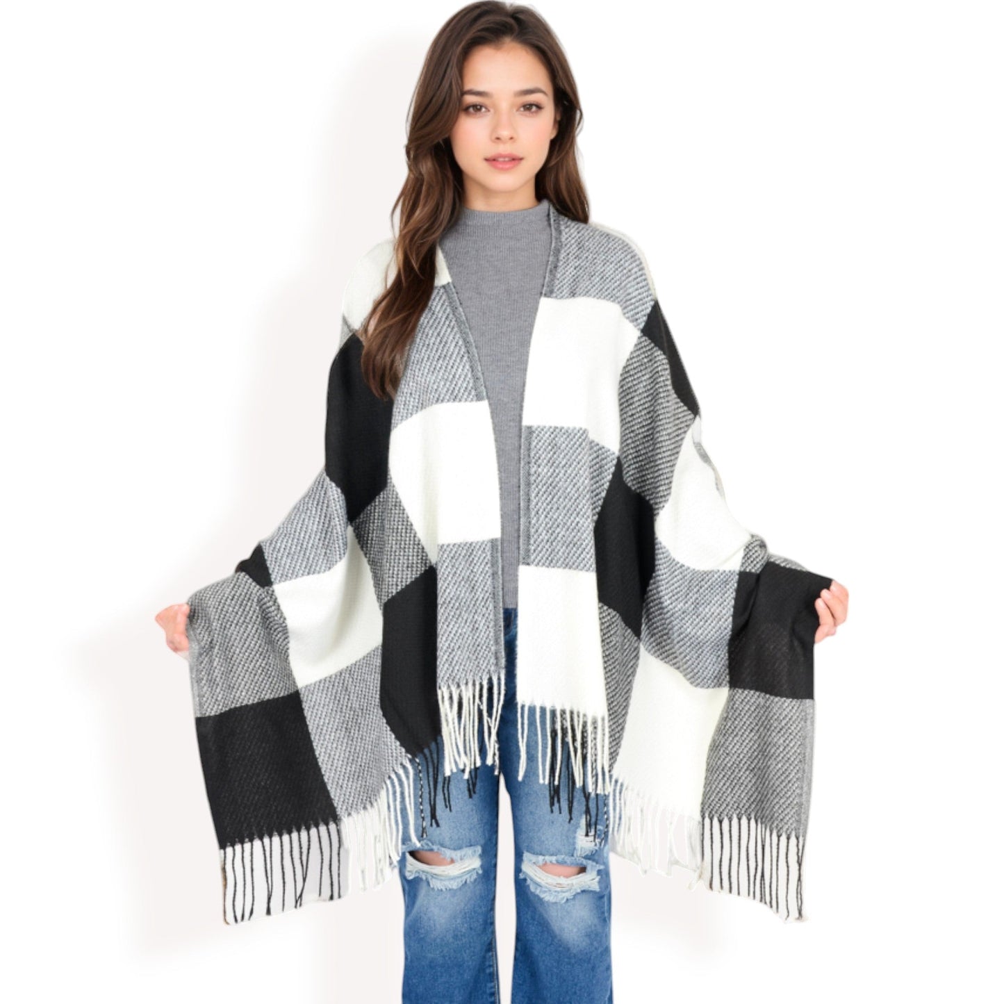 Oversized Plaid Blanket Scarf with Fringe Trim and Soft Textured Fabric