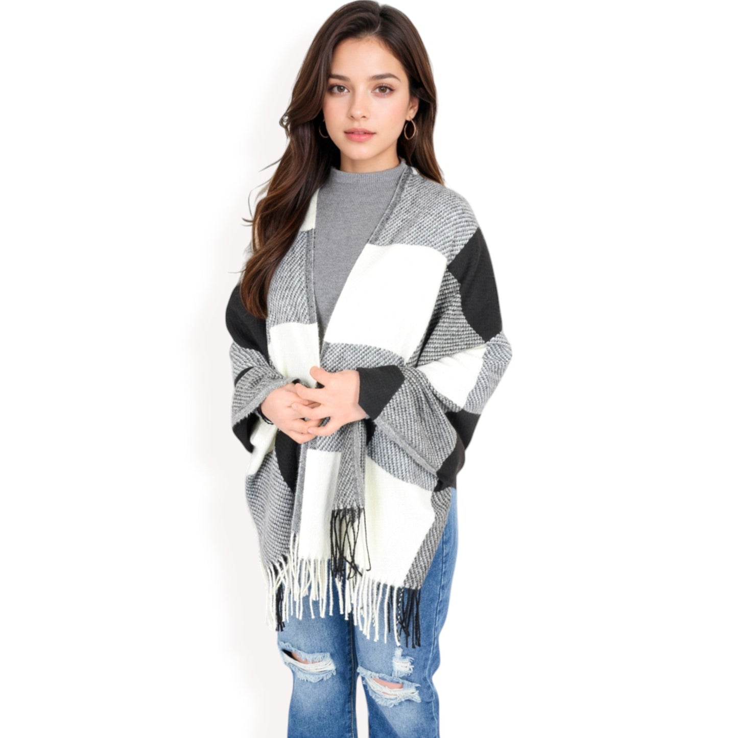 Oversized Plaid Blanket Scarf with Fringe Trim and Soft Textured Fabric
