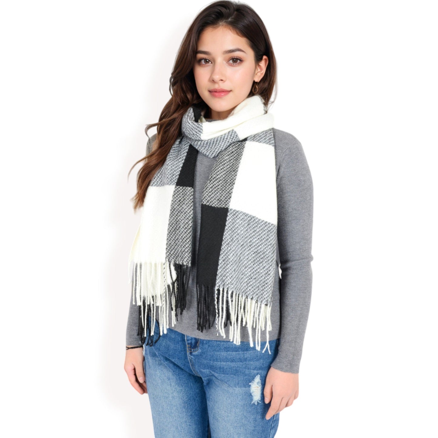 Oversized Plaid Blanket Scarf with Fringe Trim and Soft Textured Fabric