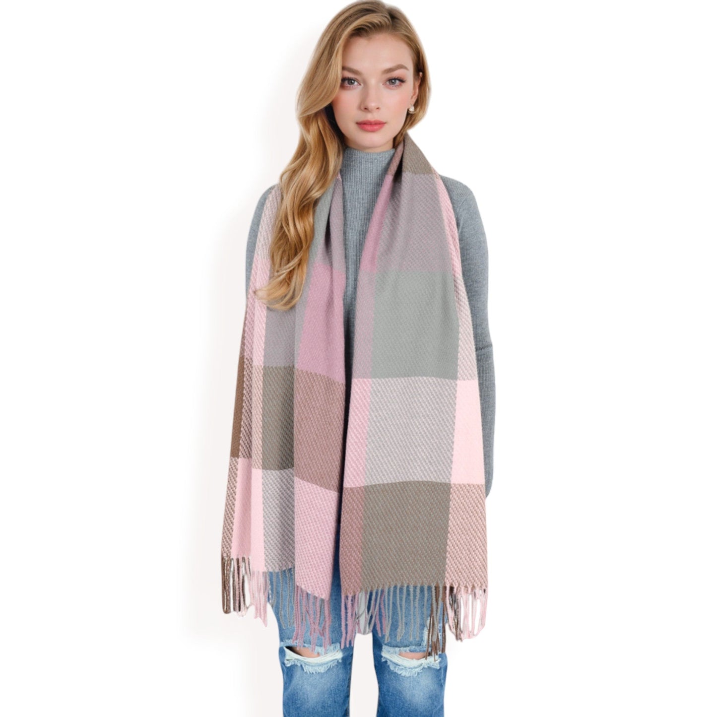Oversized Plaid Blanket Scarf with Fringe Trim and Soft Textured Fabric