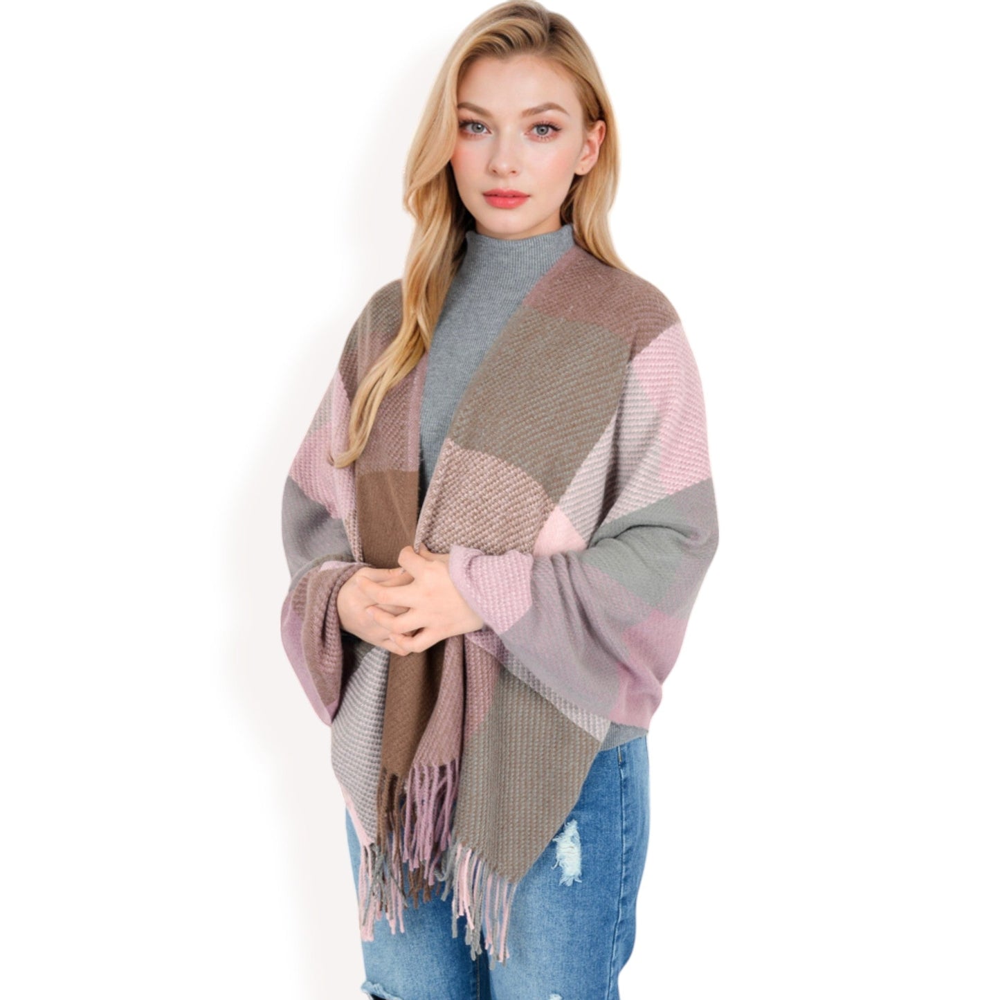 Oversized Plaid Blanket Scarf with Fringe Trim and Soft Textured Fabric