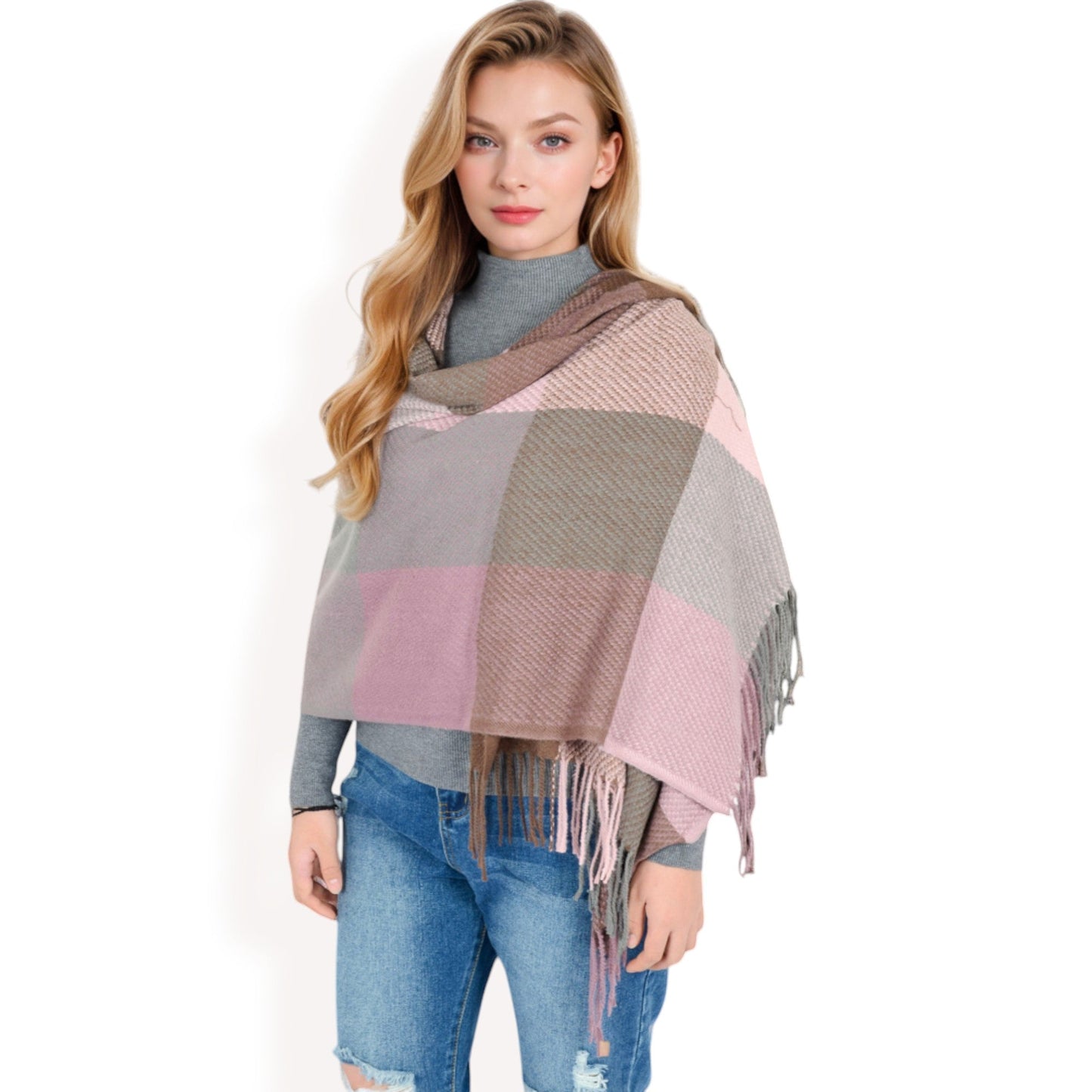 Oversized Plaid Blanket Scarf with Fringe Trim and Soft Textured Fabric