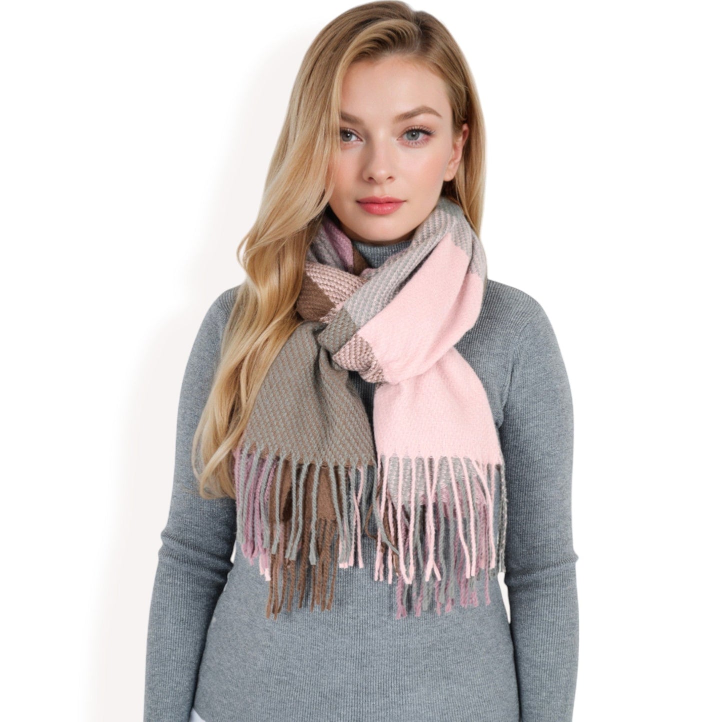 Oversized Plaid Blanket Scarf with Fringe Trim and Soft Textured Fabric