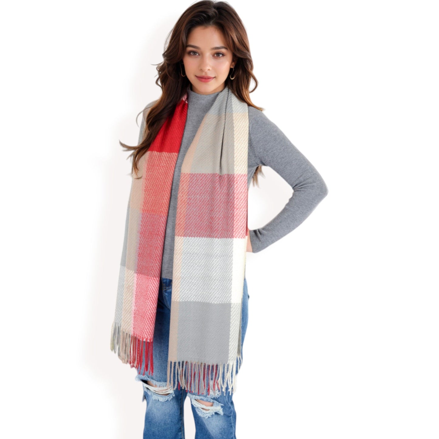 Oversized Plaid Blanket Scarf with Fringe Trim and Soft Textured Fabric