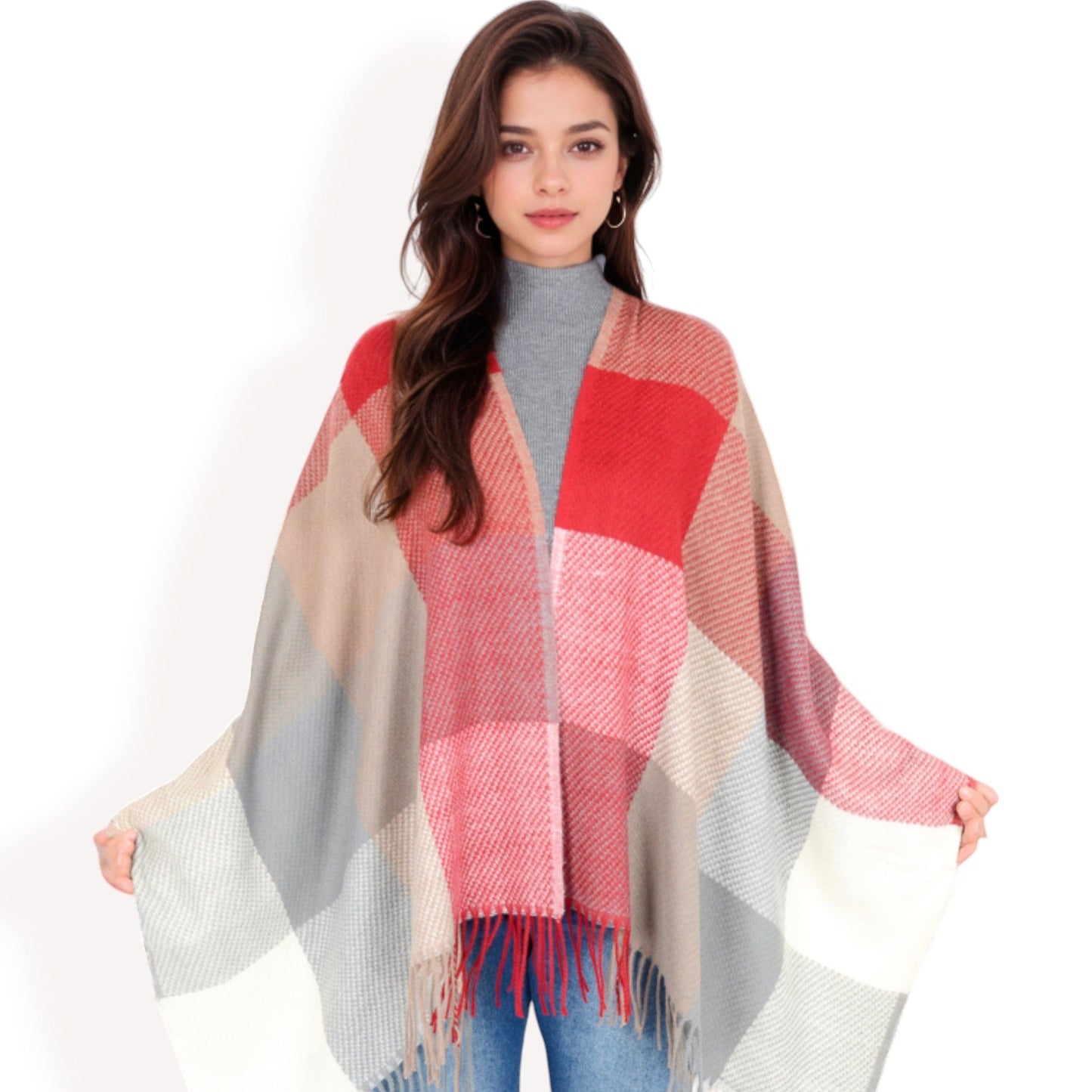 Oversized Plaid Blanket Scarf with Fringe Trim and Soft Textured Fabric