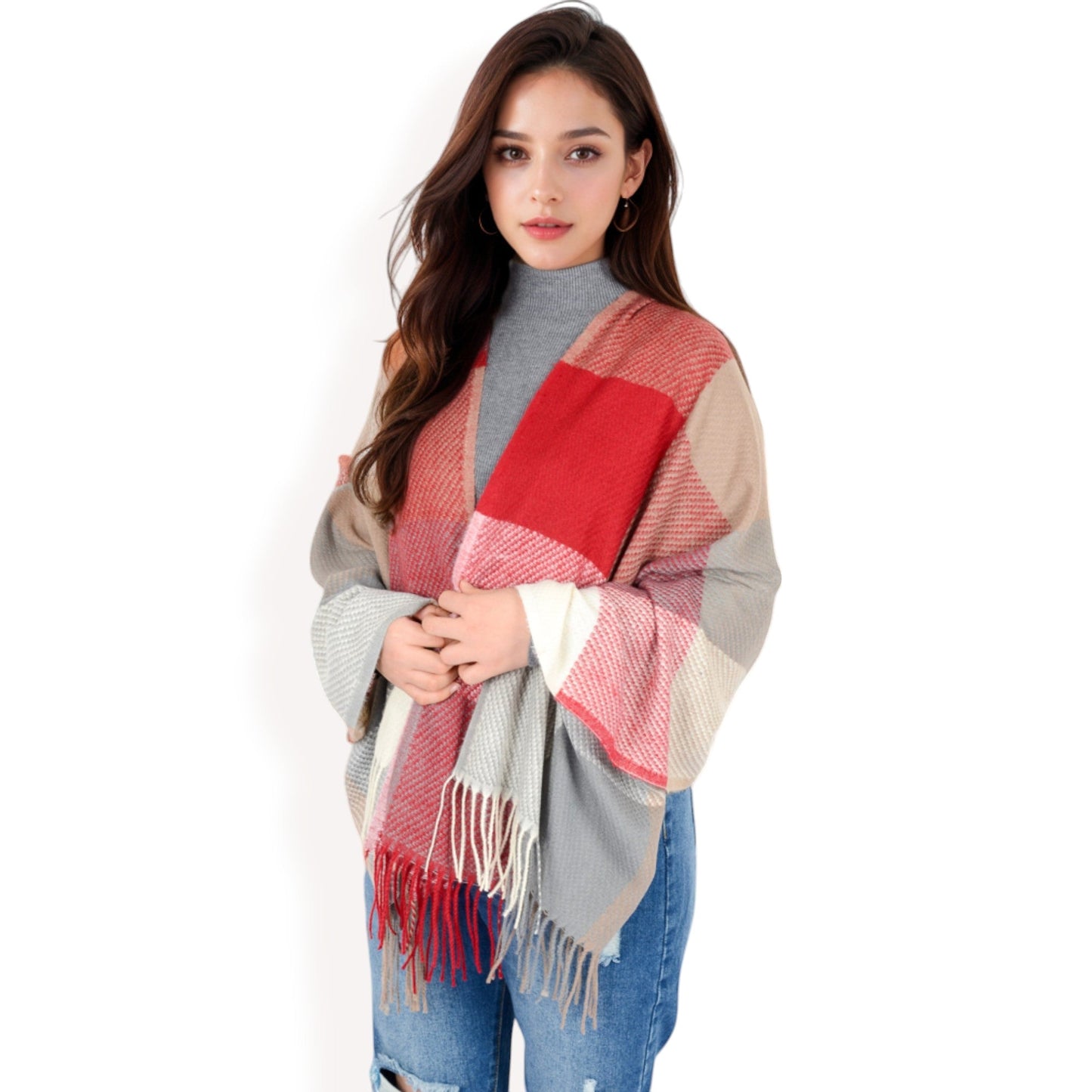 Oversized Plaid Blanket Scarf with Fringe Trim and Soft Textured Fabric