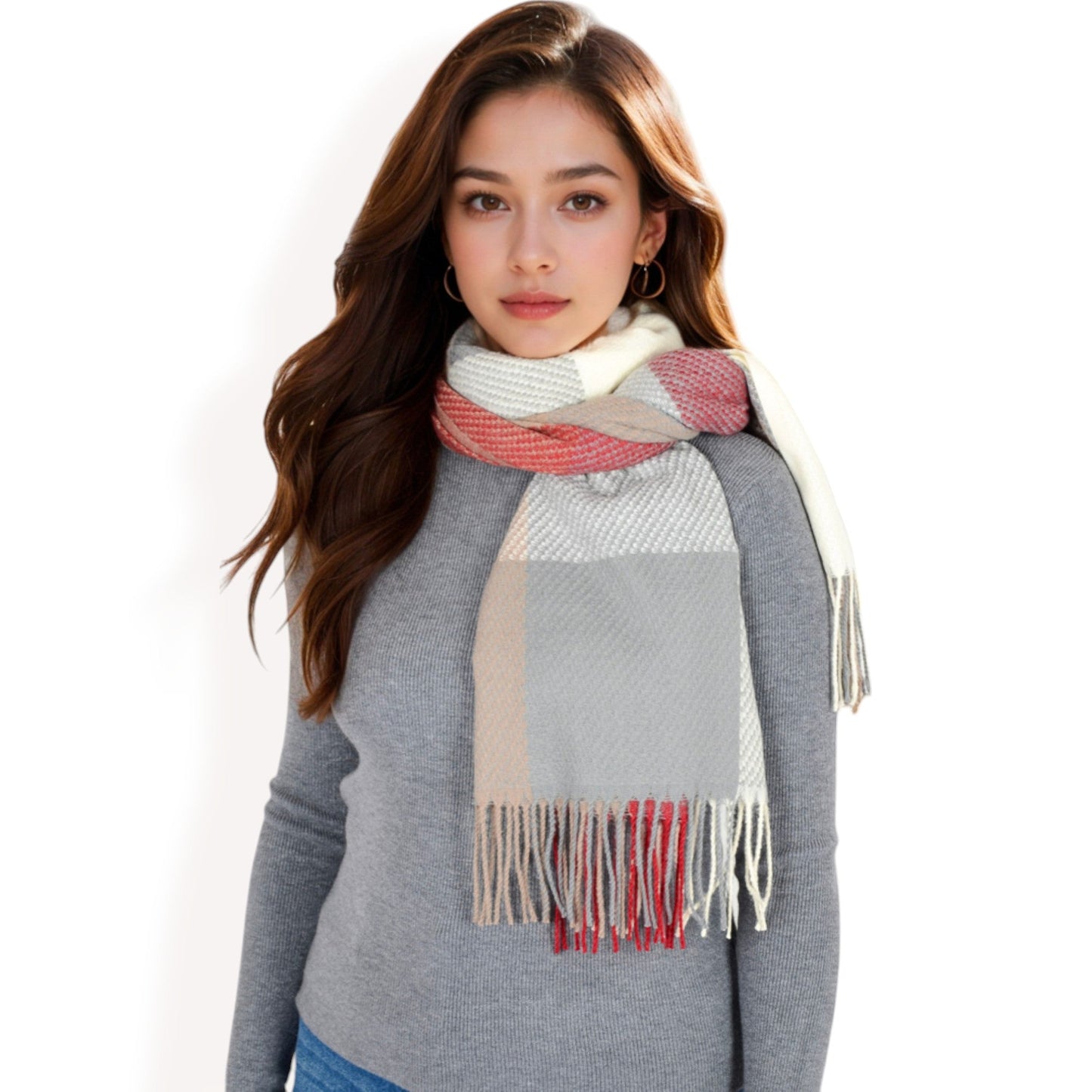 Oversized Plaid Blanket Scarf with Fringe Trim and Soft Textured Fabric