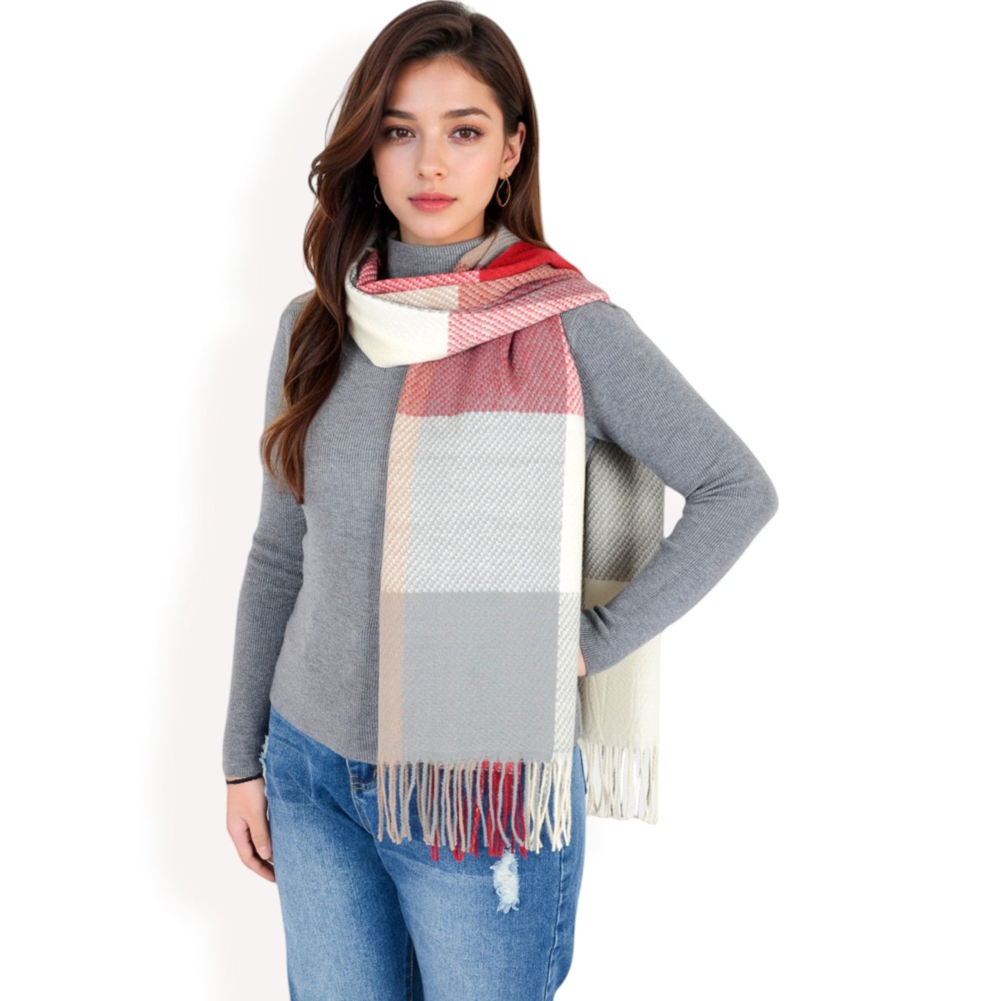 Oversized Plaid Blanket Scarf with Fringe Trim and Soft Textured Fabric