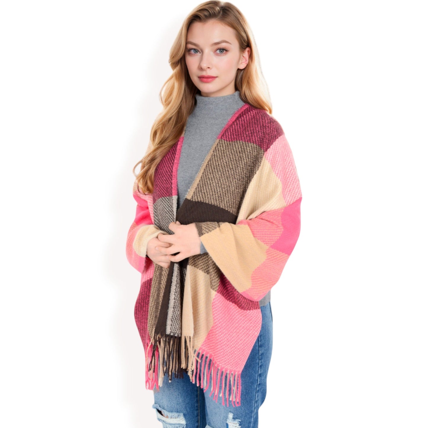 Oversized Plaid Blanket Scarf with Fringe Trim and Soft Textured Fabric
