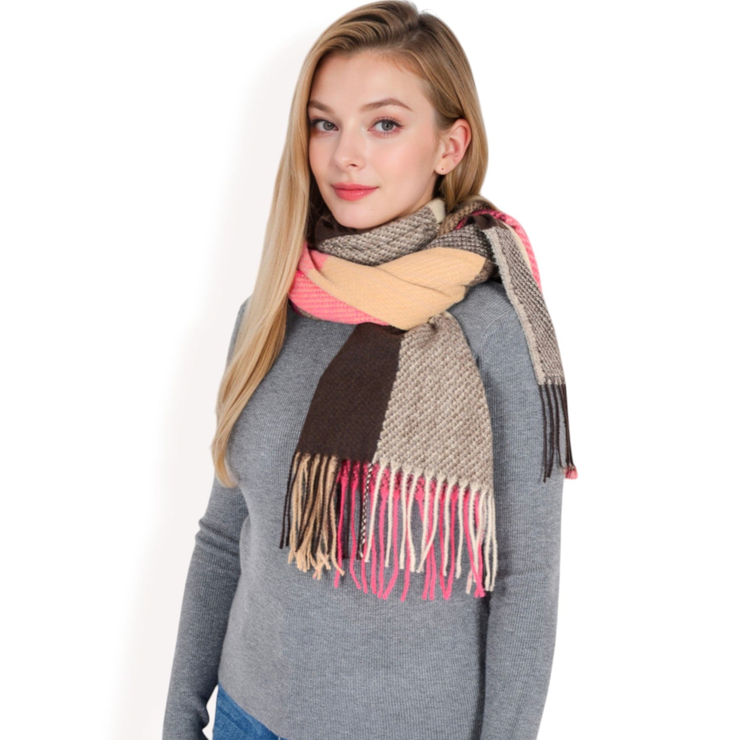 Oversized Plaid Blanket Scarf with Fringe Trim and Soft Textured Fabric