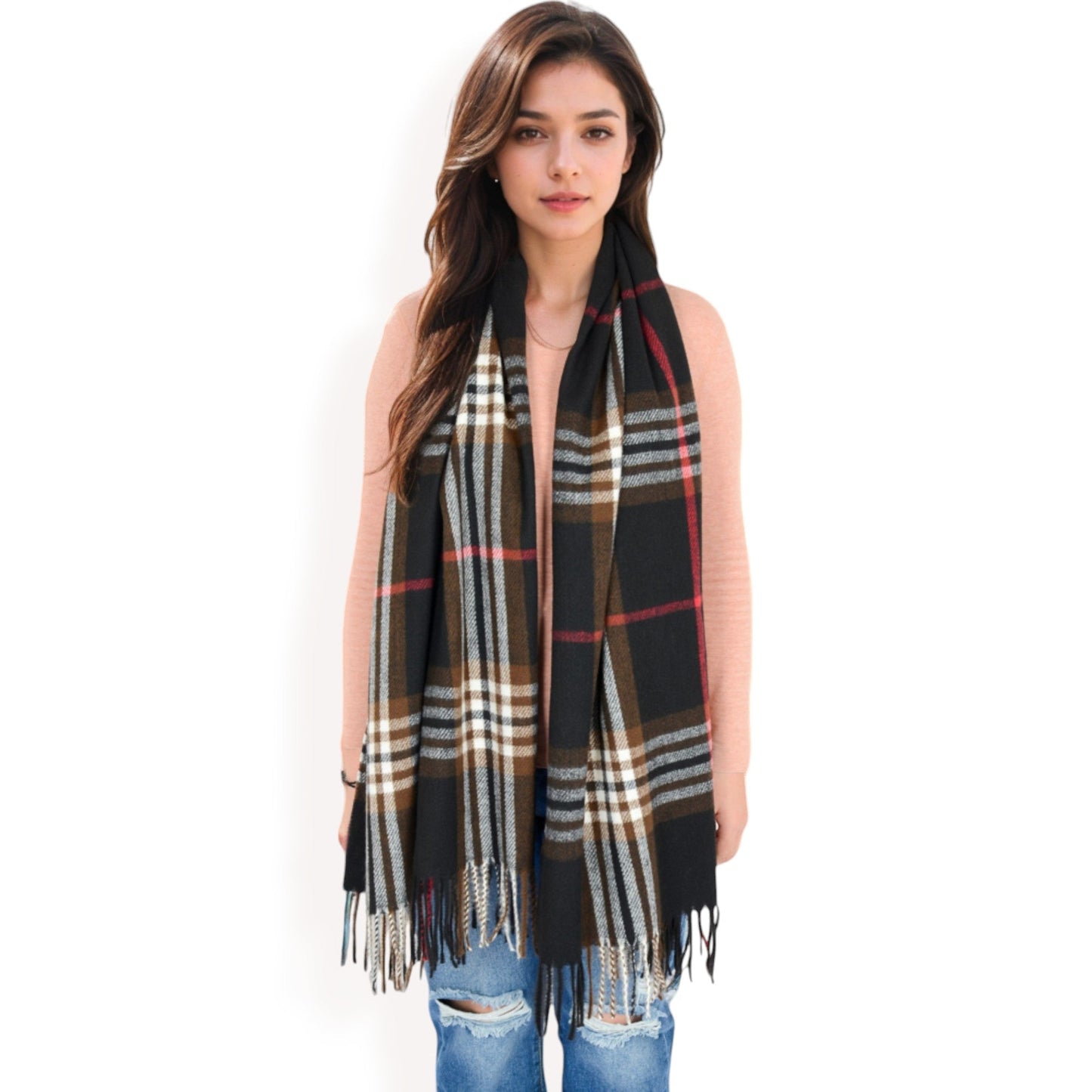 Plaid Pattern Scarf with Fringed Edges and Soft Lightweight Material for Year-Round Use
