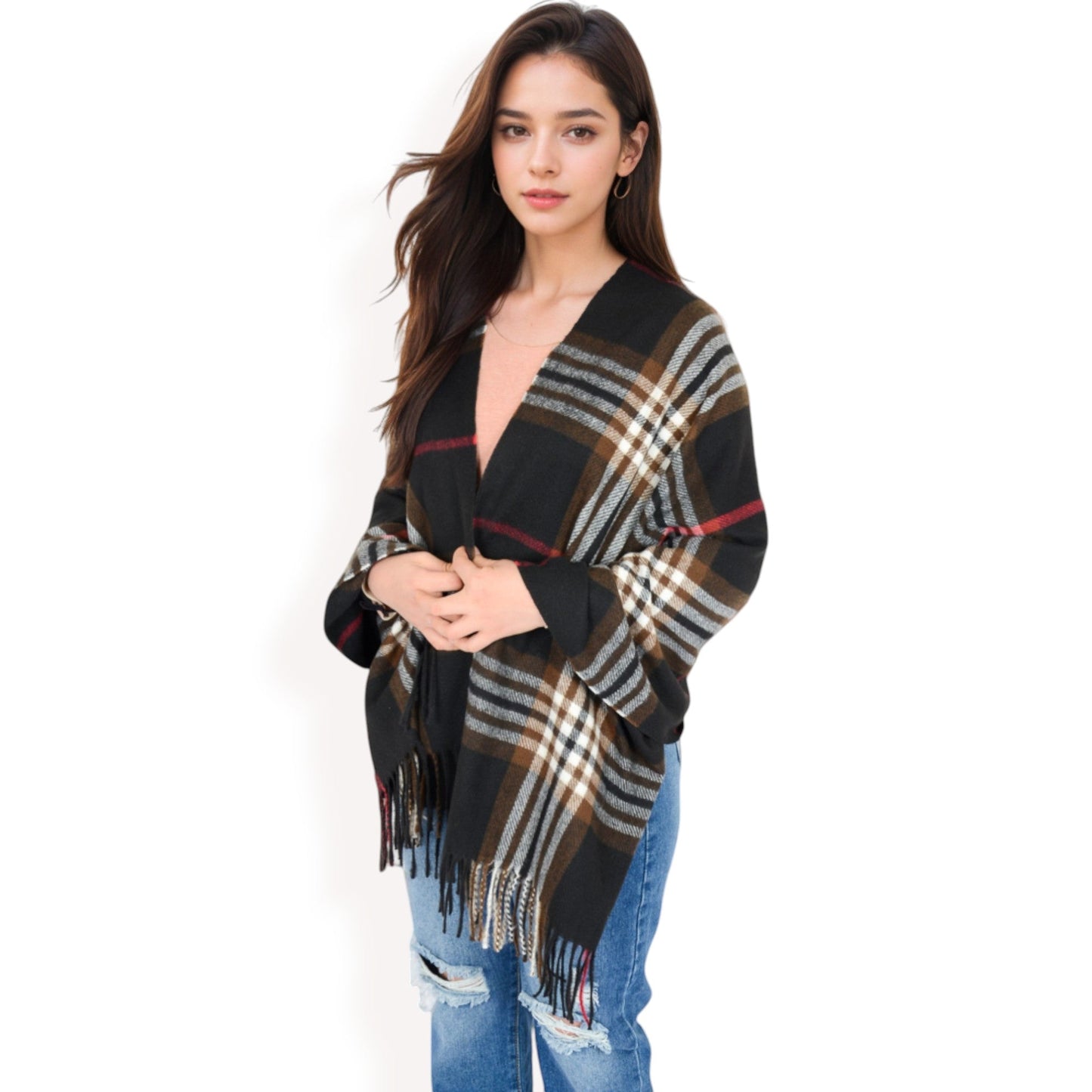 Plaid Pattern Scarf with Fringed Edges and Soft Lightweight Material for Year-Round Use