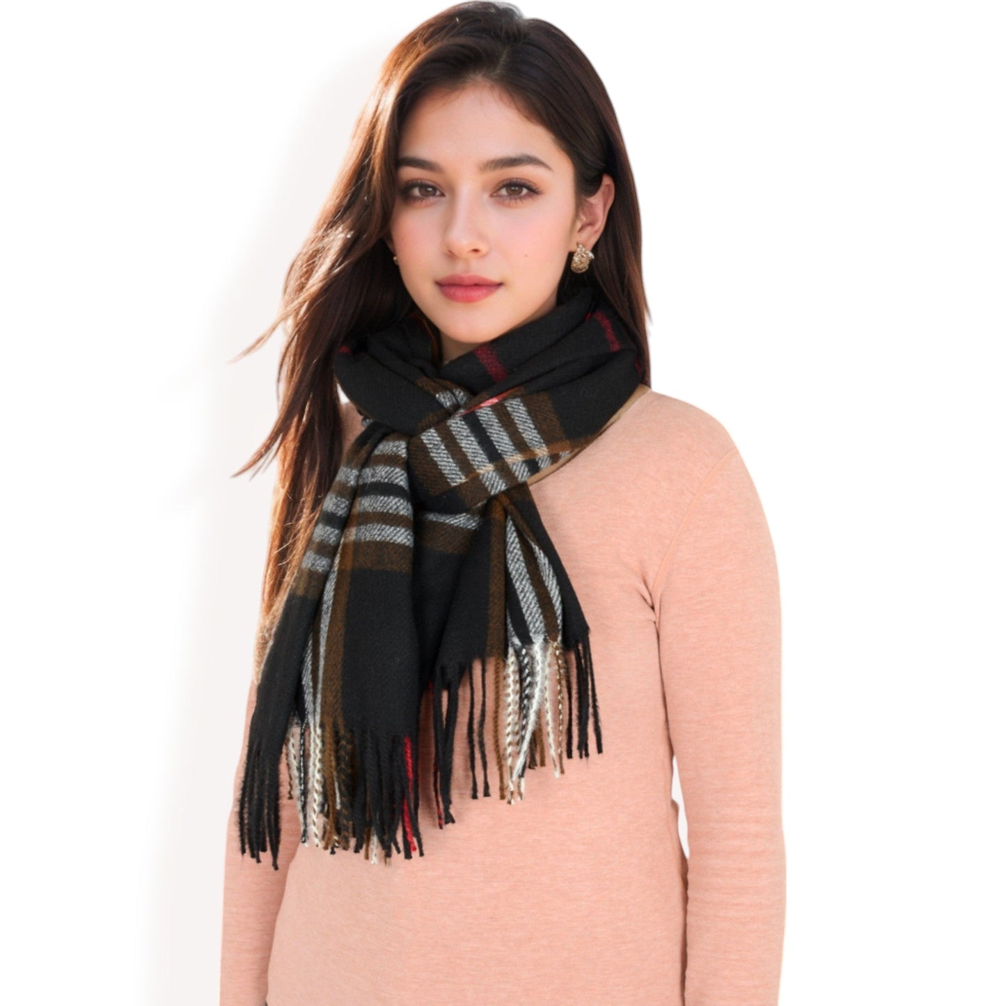Plaid Pattern Scarf with Fringed Edges and Soft Lightweight Material for Year-Round Use