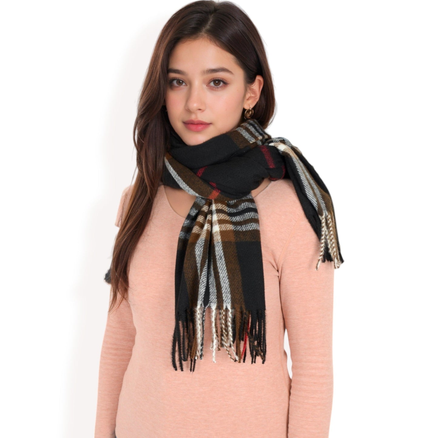 Plaid Pattern Scarf with Fringed Edges and Soft Lightweight Material for Year-Round Use