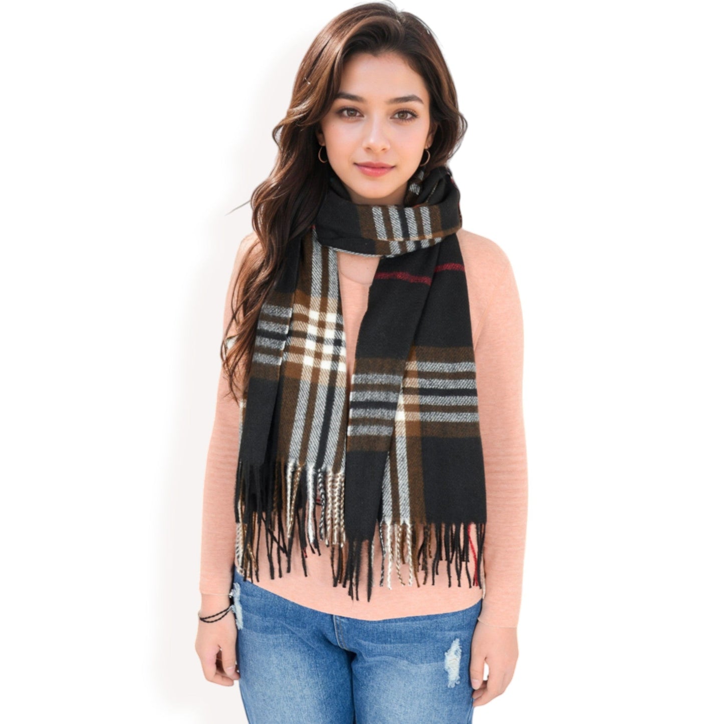 Plaid Pattern Scarf with Fringed Edges and Soft Lightweight Material for Year-Round Use