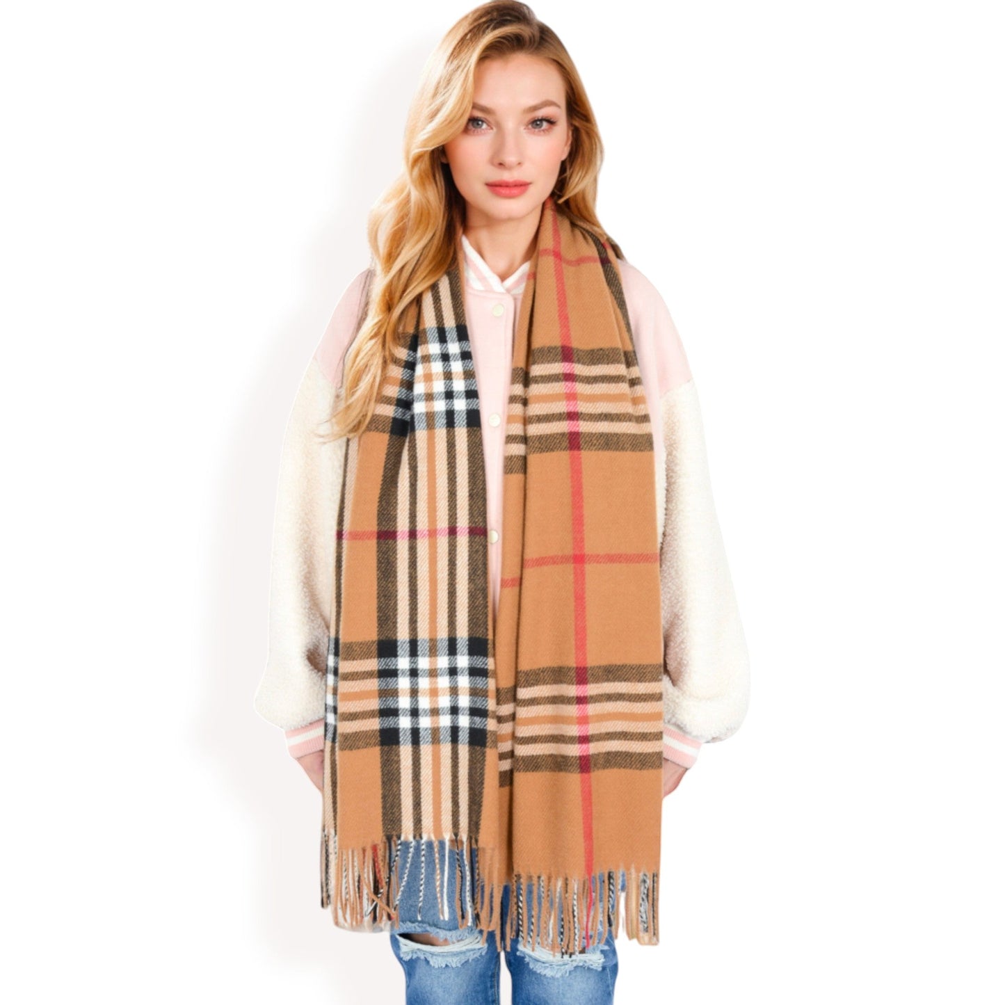 Plaid Pattern Scarf with Fringed Edges and Soft Lightweight Material for Year-Round Use