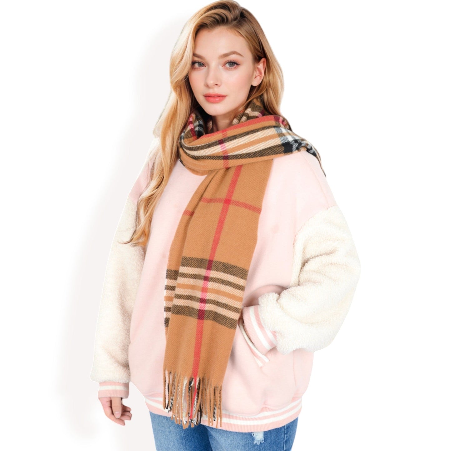 Plaid Pattern Scarf with Fringed Edges and Soft Lightweight Material for Year-Round Use