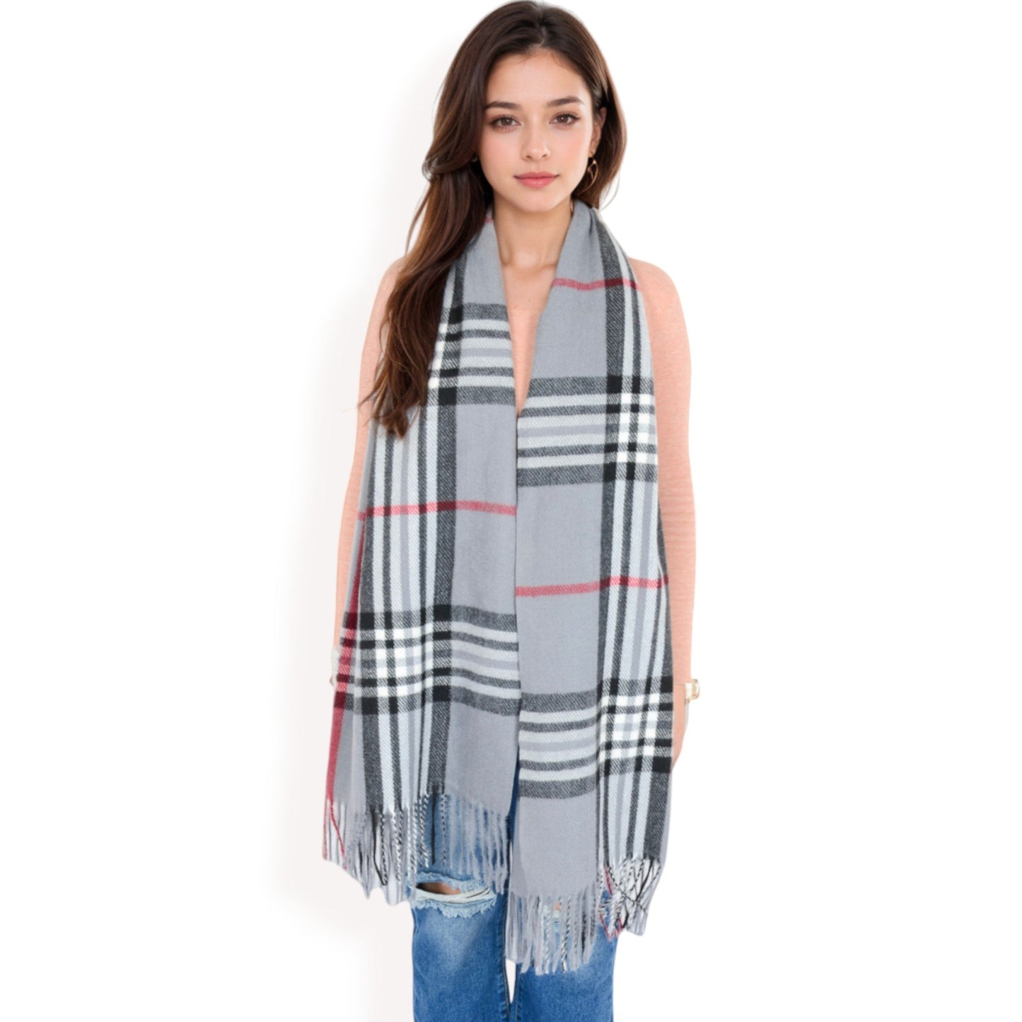 Plaid Pattern Scarf with Fringed Edges and Soft Lightweight Material for Year-Round Use