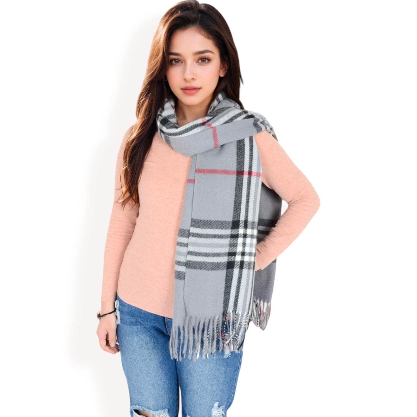 Plaid Pattern Scarf with Fringed Edges and Soft Lightweight Material for Year-Round Use
