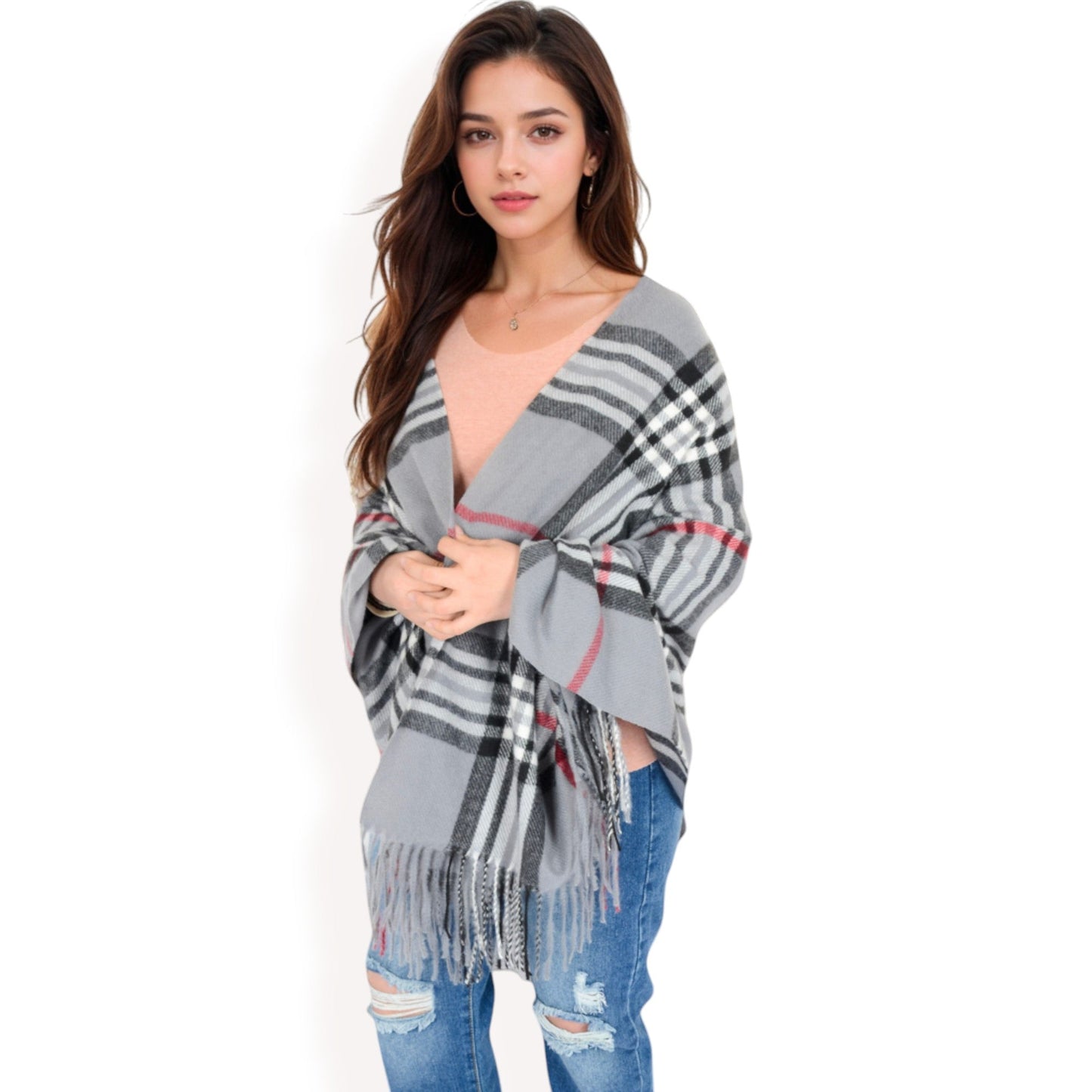 Plaid Pattern Scarf with Fringed Edges and Soft Lightweight Material for Year-Round Use