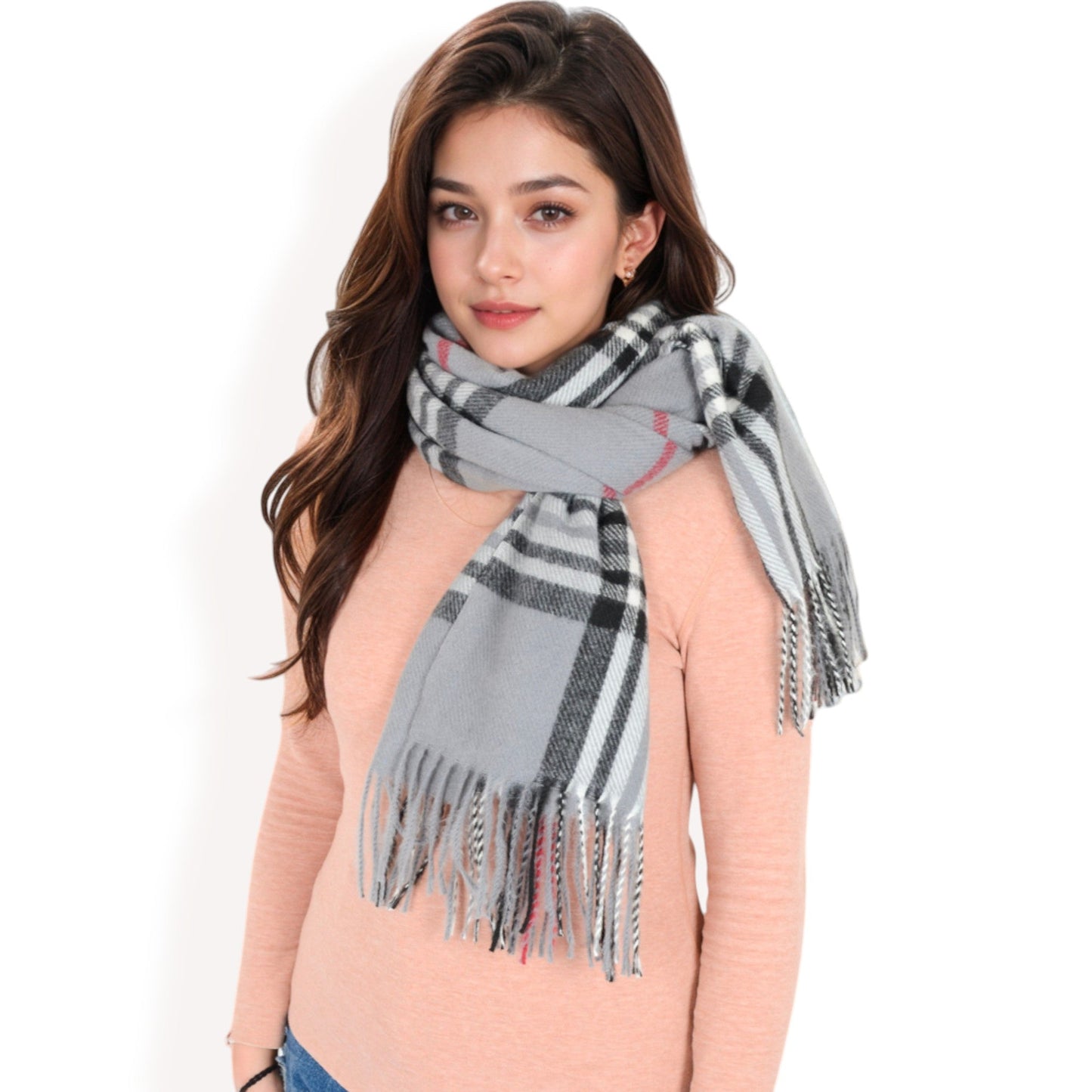 Plaid Pattern Scarf with Fringed Edges and Soft Lightweight Material for Year-Round Use