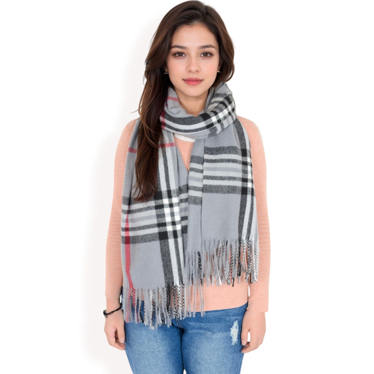 Plaid Pattern Scarf with Fringed Edges and Soft Lightweight Material for Year-Round Use