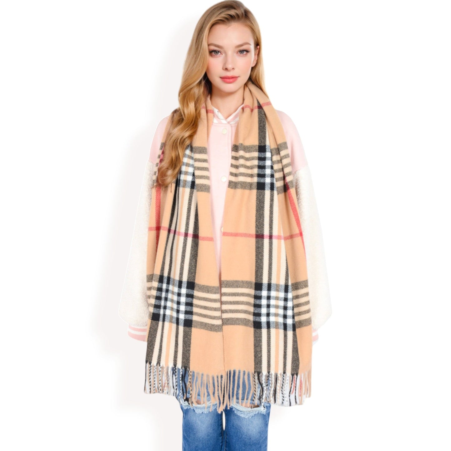 Plaid Pattern Scarf with Fringed Edges and Soft Lightweight Material for Year-Round Use