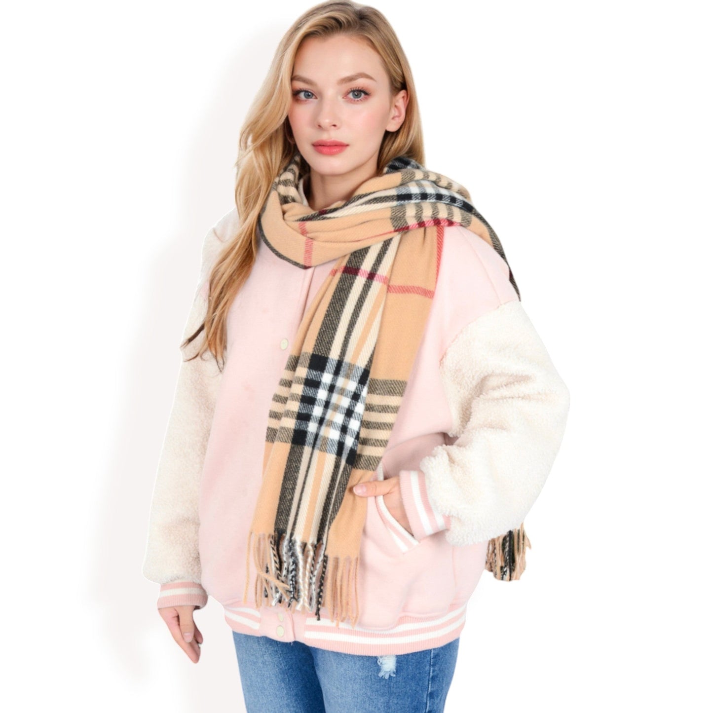 Plaid Pattern Scarf with Fringed Edges and Soft Lightweight Material for Year-Round Use