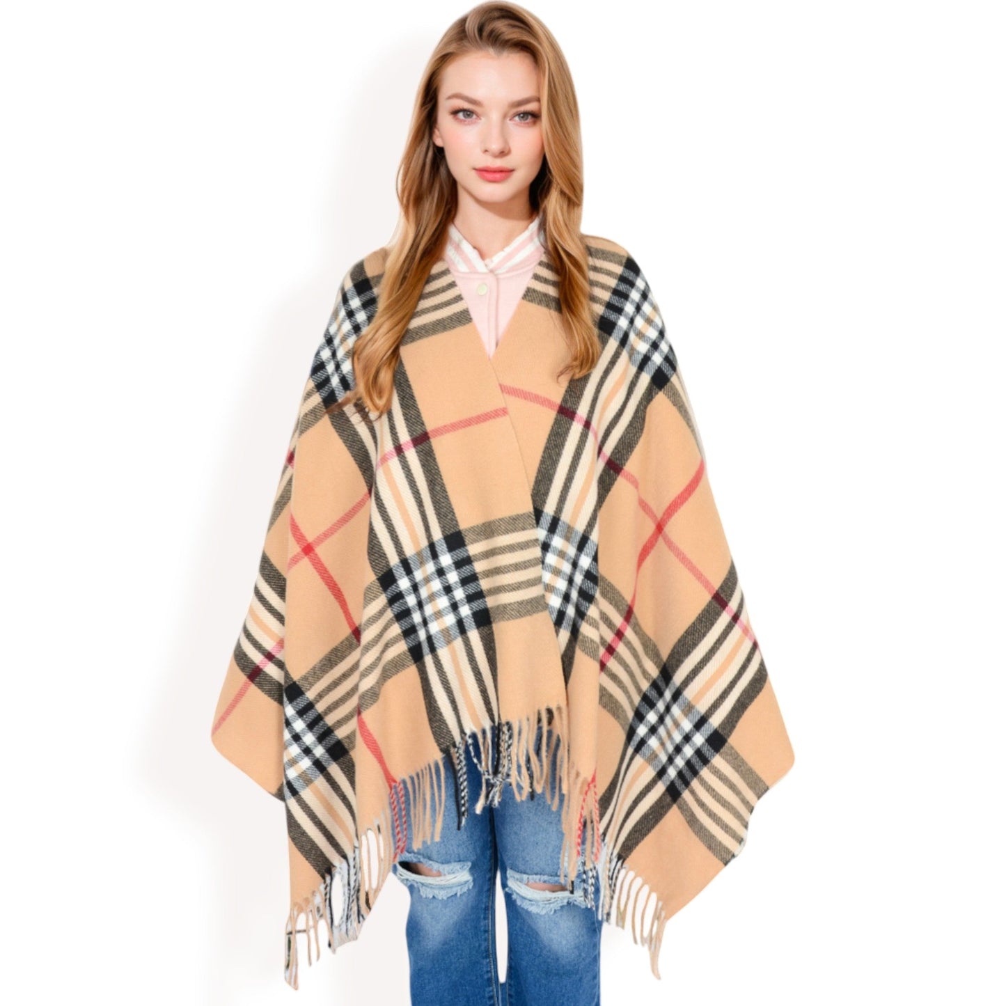 Plaid Pattern Scarf with Fringed Edges and Soft Lightweight Material for Year-Round Use