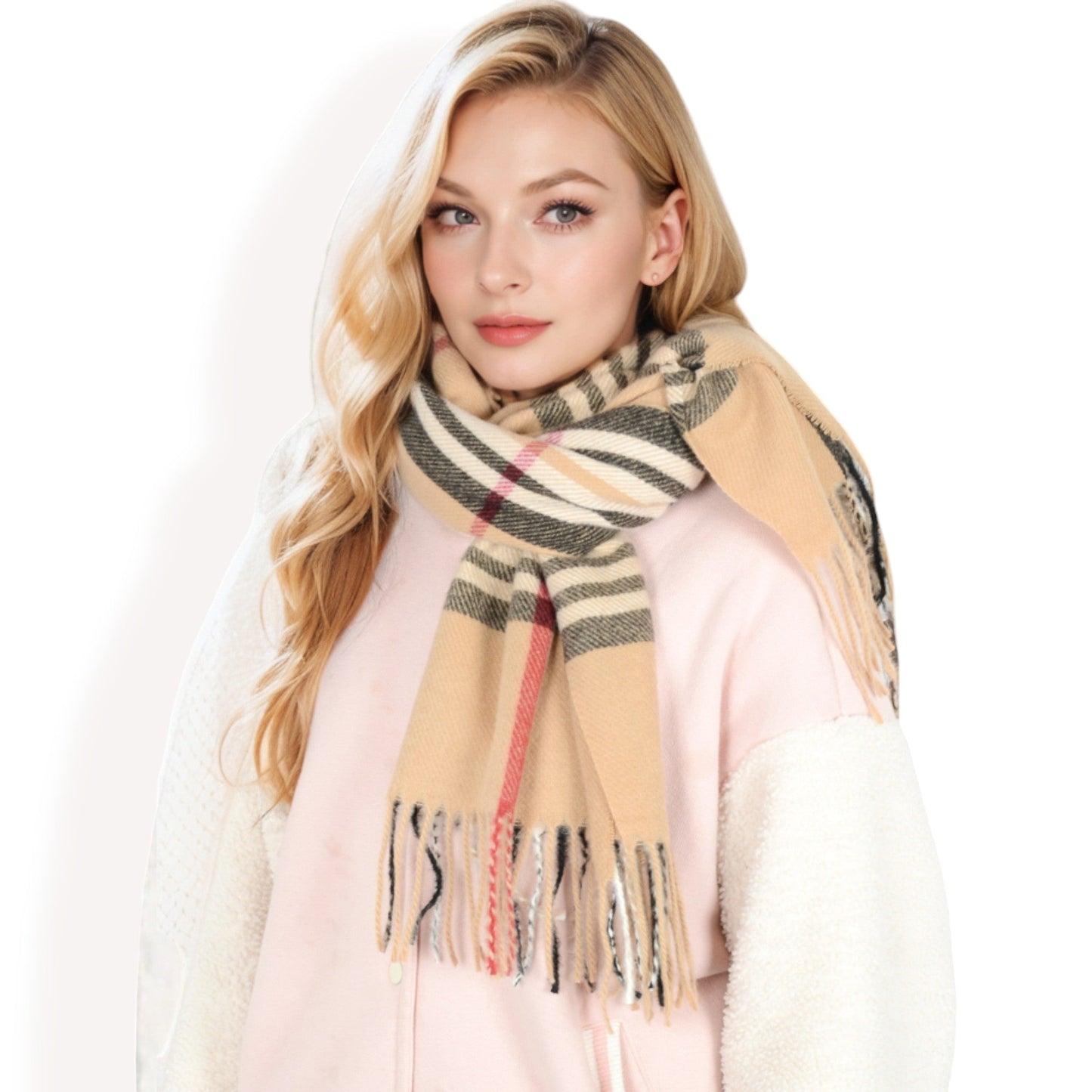 Plaid Pattern Scarf with Fringed Edges and Soft Lightweight Material for Year-Round Use