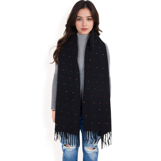 Cashmere-Like Polka Dot Fringe Scarf with Soft Fabric and Lightweight Warmth
