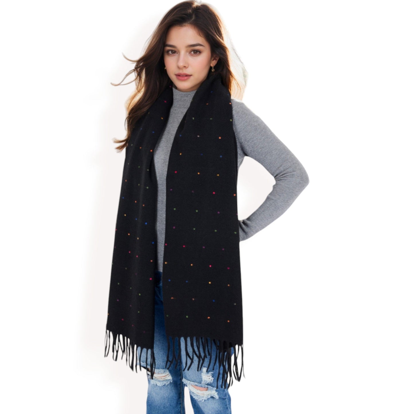 Cashmere-Like Polka Dot Fringe Scarf with Soft Fabric and Lightweight Warmth