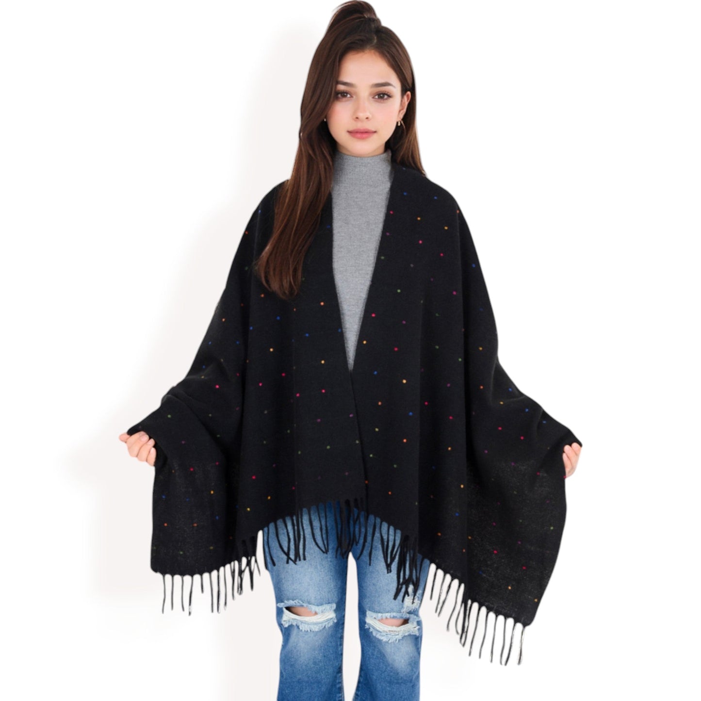 Cashmere-Like Polka Dot Fringe Scarf with Soft Fabric and Lightweight Warmth