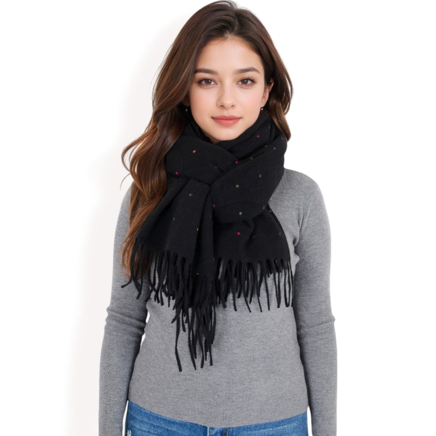 Cashmere-Like Polka Dot Fringe Scarf with Soft Fabric and Lightweight Warmth