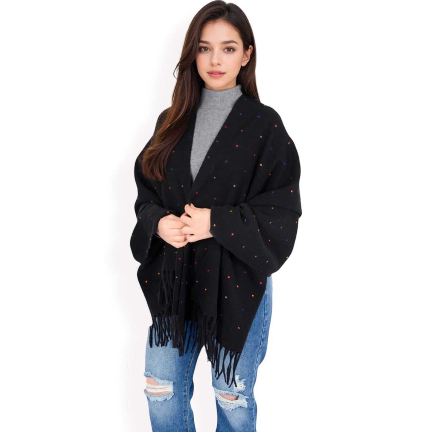 Cashmere-Like Polka Dot Fringe Scarf with Soft Fabric and Lightweight Warmth