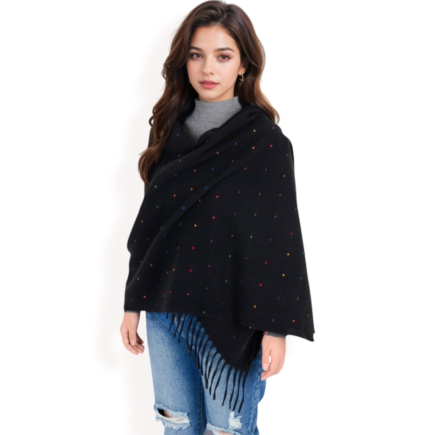 Cashmere-Like Polka Dot Fringe Scarf with Soft Fabric and Lightweight Warmth