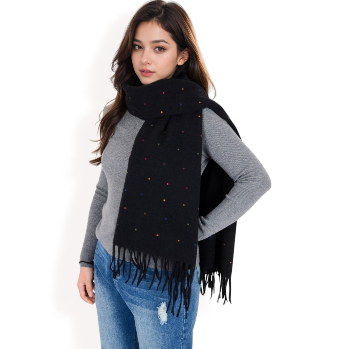 Cashmere-Like Polka Dot Fringe Scarf with Soft Fabric and Lightweight Warmth
