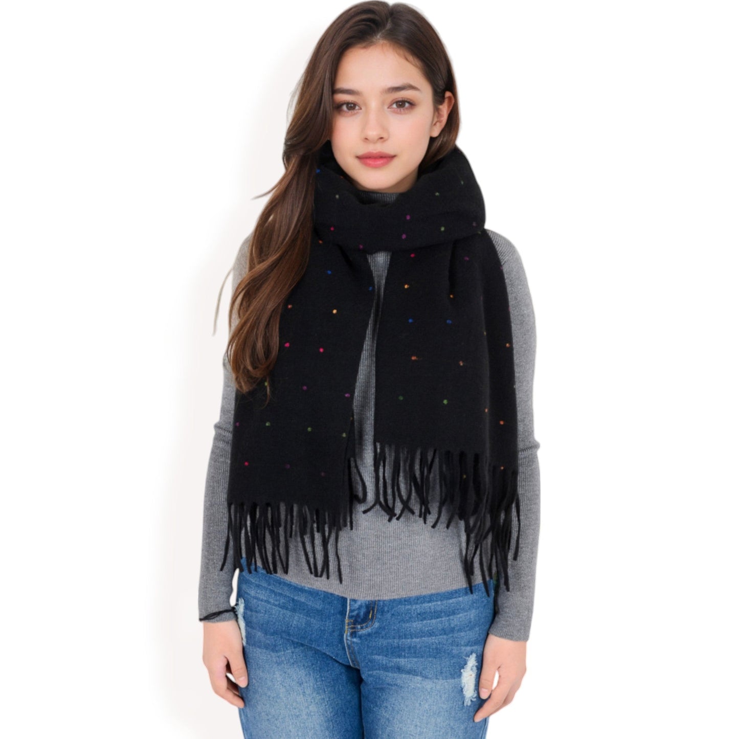 Cashmere-Like Polka Dot Fringe Scarf with Soft Fabric and Lightweight Warmth