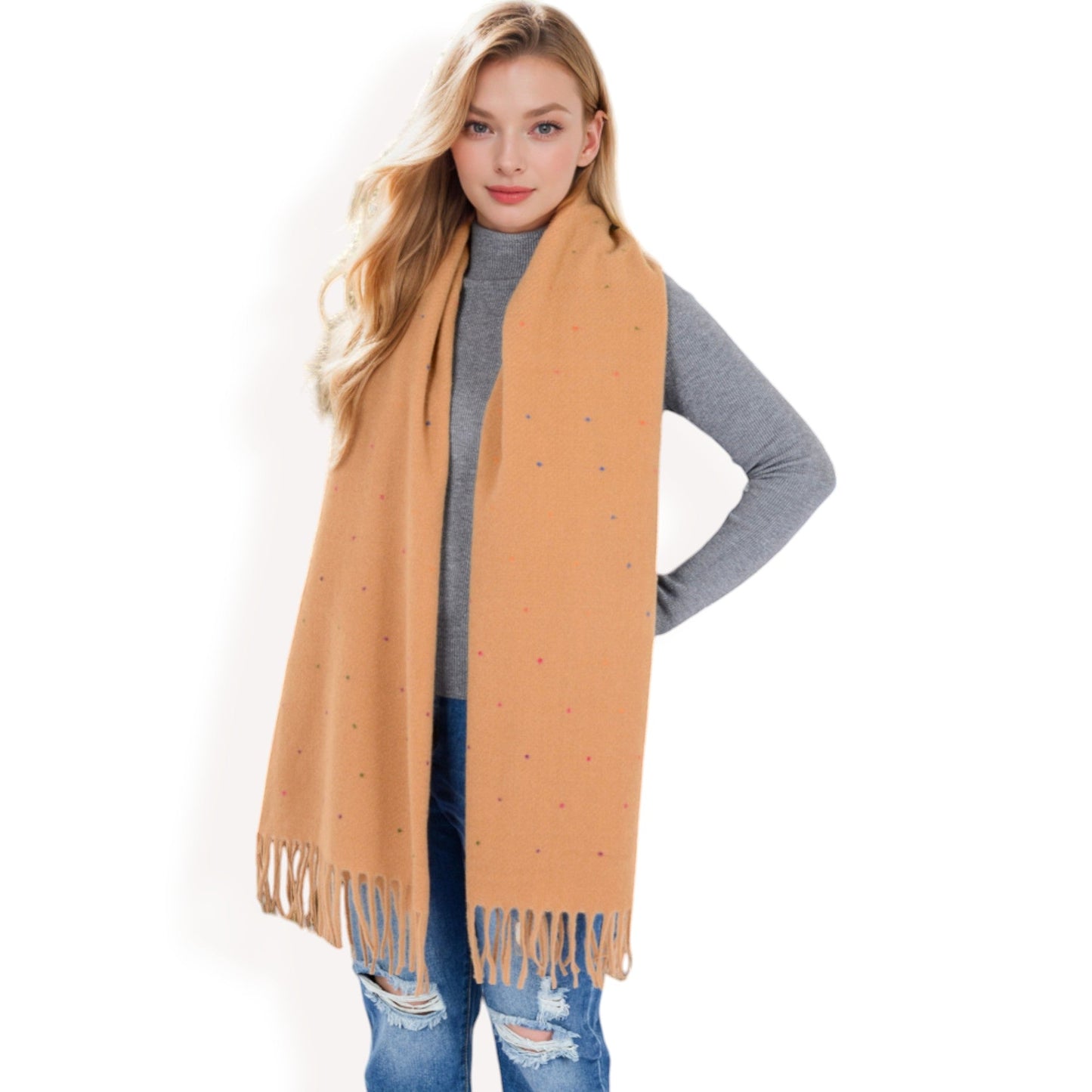 Cashmere-Like Polka Dot Fringe Scarf with Soft Fabric and Lightweight Warmth