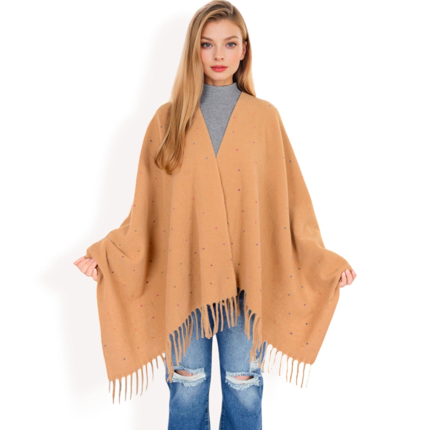 Cashmere-Like Polka Dot Fringe Scarf with Soft Fabric and Lightweight Warmth