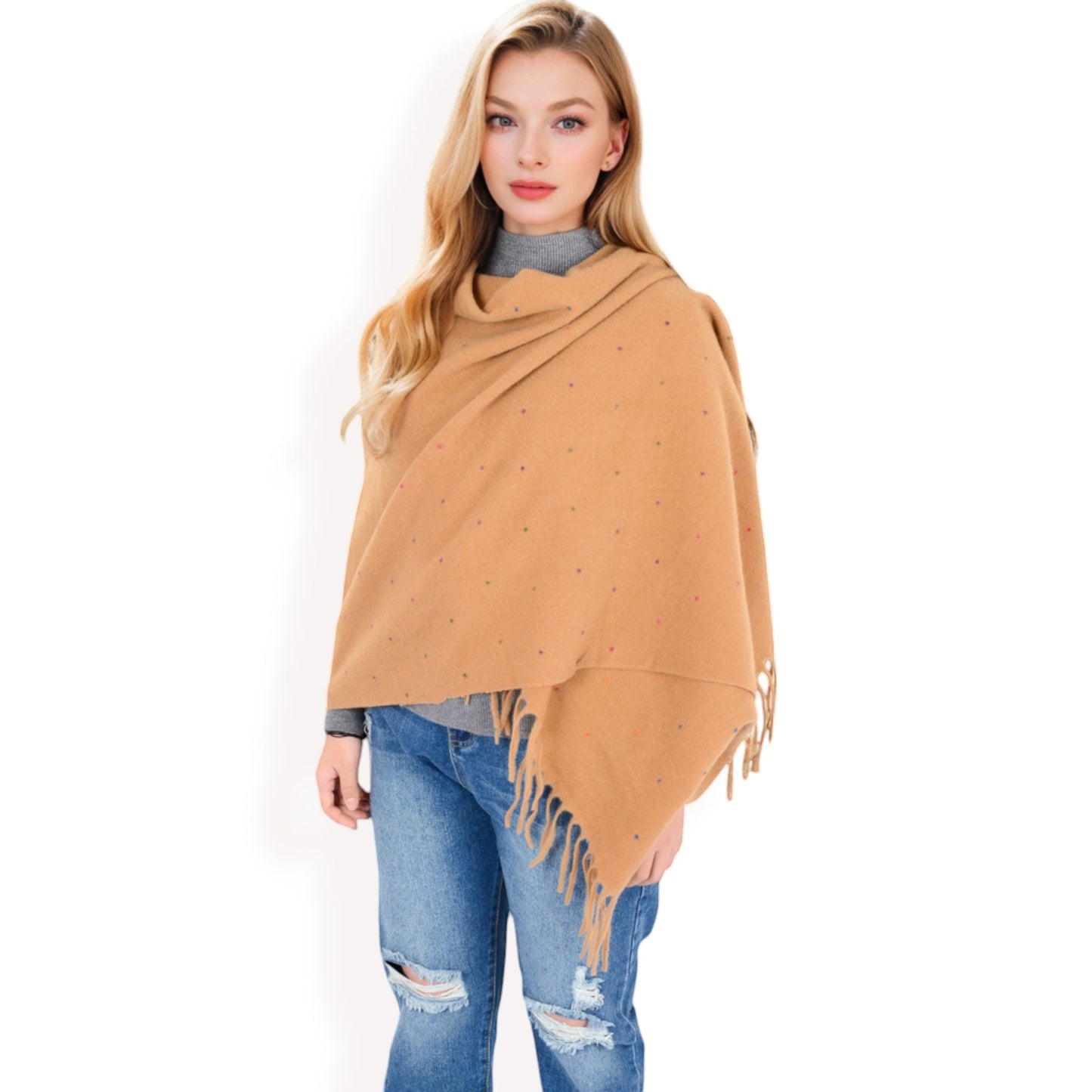 Cashmere-Like Polka Dot Fringe Scarf with Soft Fabric and Lightweight Warmth