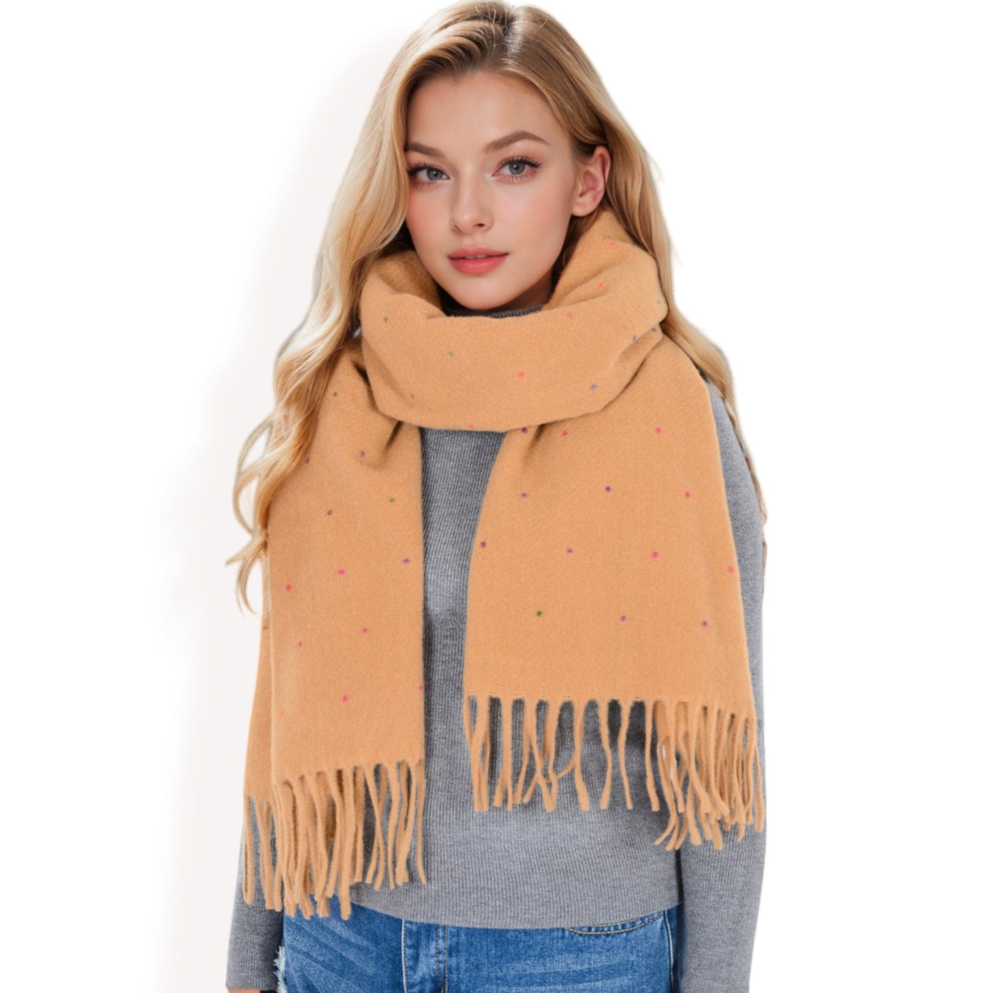 Cashmere-Like Polka Dot Fringe Scarf with Soft Fabric and Lightweight Warmth