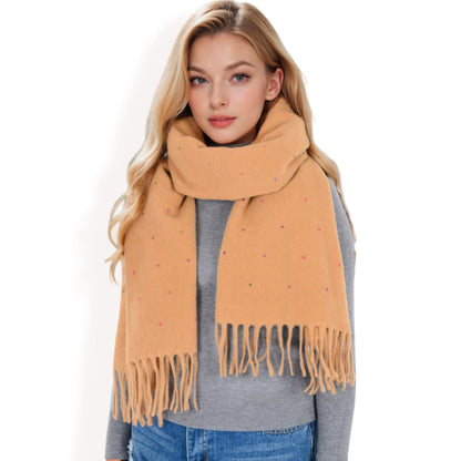 Cashmere-Like Polka Dot Fringe Scarf with Soft Fabric and Lightweight Warmth