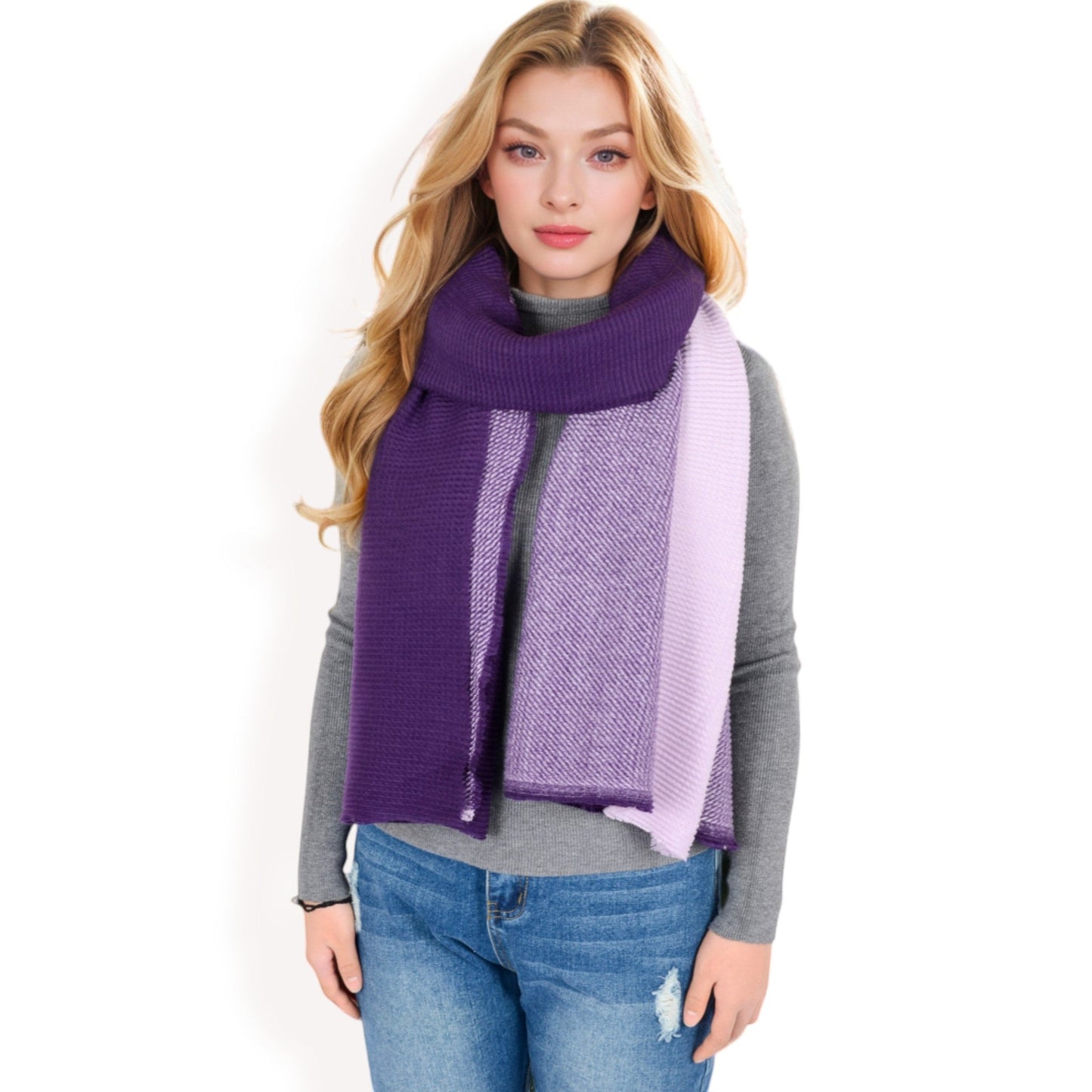Color Block Knitted Scarf with Gradient Design and Soft Warm Fabric