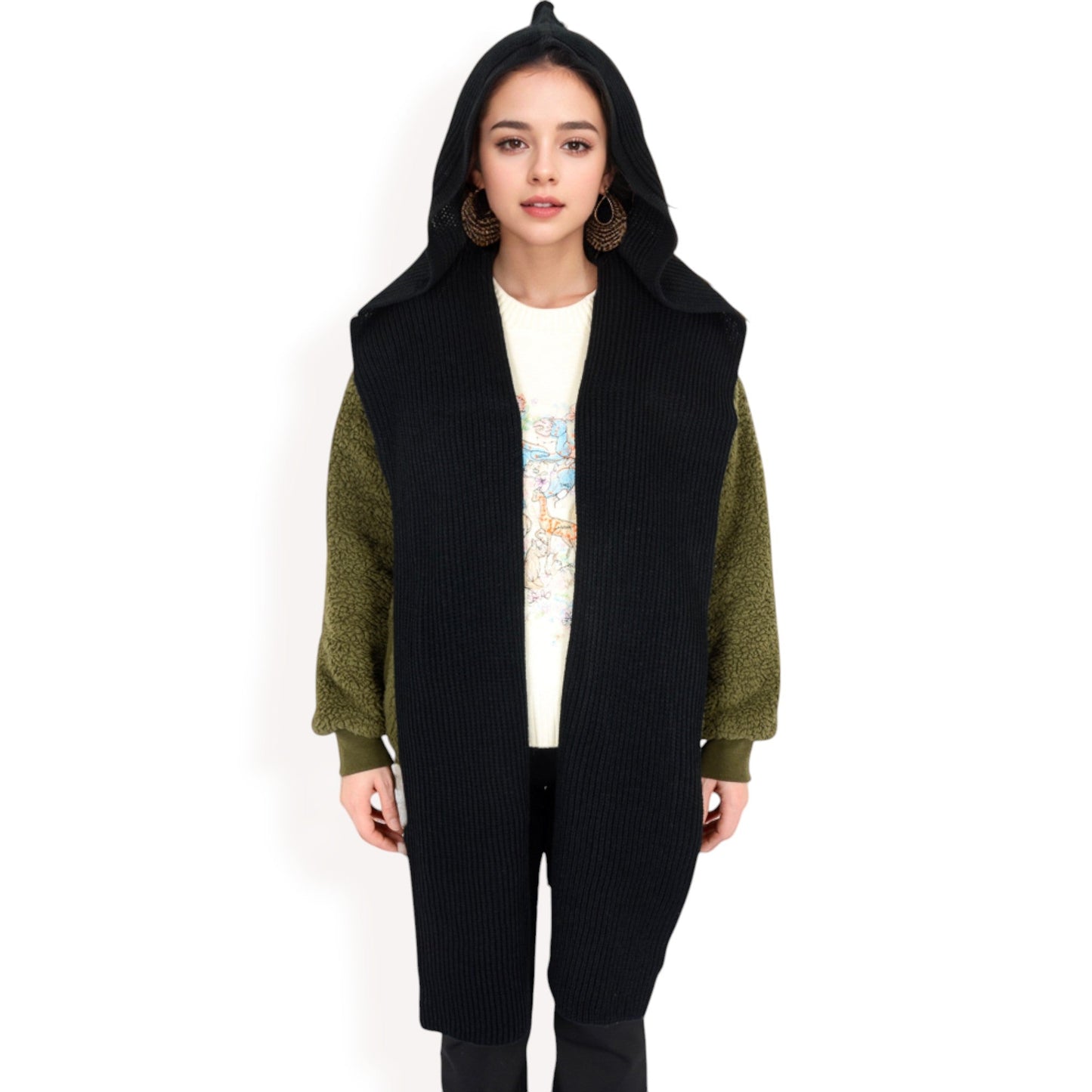 Knitted Hooded Scarf with Versatile Design and Warm Ribbed Texture for Stylish Comfort and Winter Protection